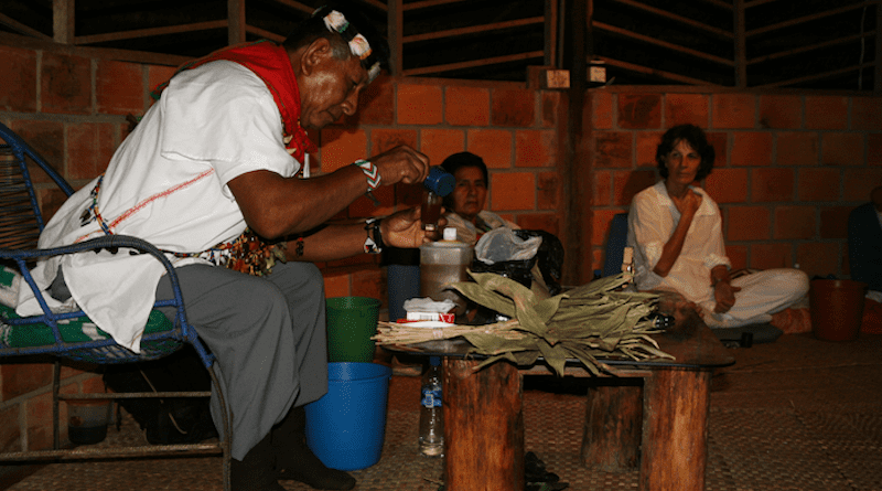 A traditional healer prepares for an ayahuasca healing ceremony at the Takiwasi Center in Peru. CREDIT: Takiwasi Center in Peru.