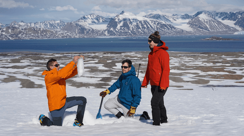 Researchers collection glacier surface samples in Svalbard, for conducting counting of microbes CREDIT: Dr James Bradley, Queen Mary University of London