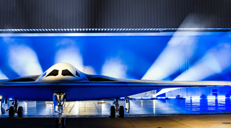 A B-21 Raider is unveiled at Northrop Grumman's manufacturing facility at Air Force Plant 42 in Palmdale, Calif., Dec. 2, 2022. The B-21 will be a long-range, highly survivable, penetrating strike stealth bomber capable of delivering both conventional and nuclear munitions. Photo Credit: Air Force Airman 1st Class Joshua Carroll