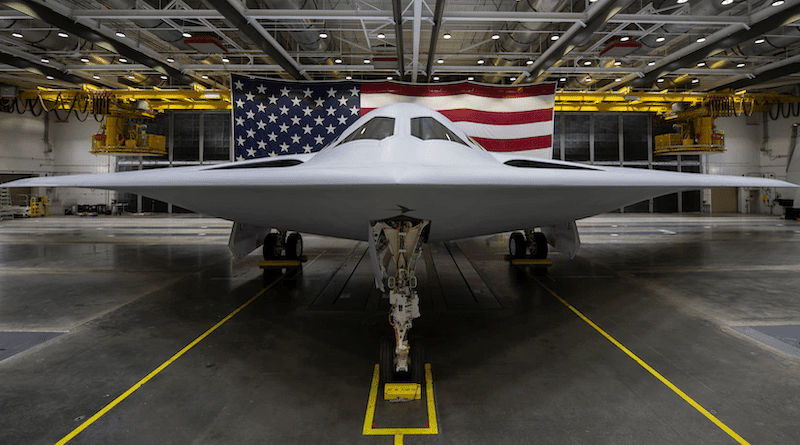 The B-21 Raider was unveiled during a ceremony in Palmdale, Calif., Dec. 2, 2022. Designed to operate in tomorrow's high-end threat environment, the B-21 will play a critical role in ensuring America's enduring airpower capability. Photo Credit: Air Force photo