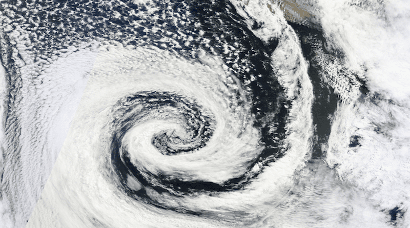 A new study by the University of Chicago and University of Washington lays out for the first time why the Southern Hemisphere is stormier than the Northern. Above: An extratropical cyclone off the coast of Australia in 2012. CREDIT: NASA