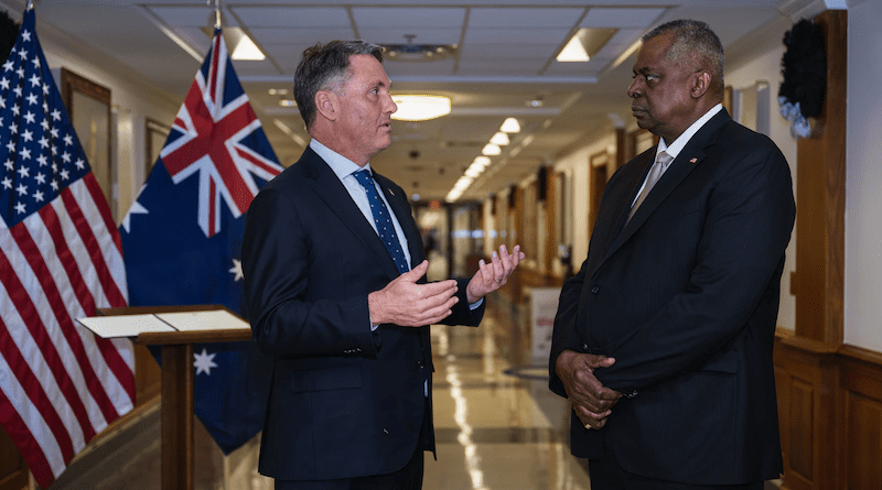 Secretary of Defense Lloyd J. Austin III and Australian Deputy Prime Minister and Minister of Defense Richard Marles participate in a bilateral exchange at the Pentagon, Dec. 5, 2022. Photo Credit: Navy Petty Officer 2nd Class Alexander Kubitza