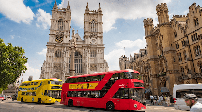 London Bus Yellow Red Westminster Abbey Church England United Kingdom