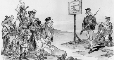Victor Gillam's 1896 political cartoon, Uncle Sam stands with rifle between the Europeans and Latin Americans. Credit: Wikipedia Commons