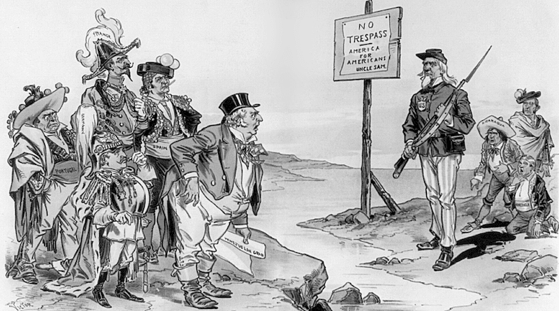 Victor Gillam's 1896 political cartoon, Uncle Sam stands with rifle between the Europeans and Latin Americans. Credit: Wikipedia Commons