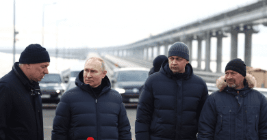 Russia's President Vladimir Putin visit to Crimean Bridge. Deputy Prime Minister Marat Khusnullin, Chief Engineer of the Taman Department of Federal Motorways at the Federal Road Agency Nikita Khrapov, Deputy General Director of Nizhneangarsktransstroy Yevgeny Chibyshev (left to right). Photo Credit: Kremlin.ru