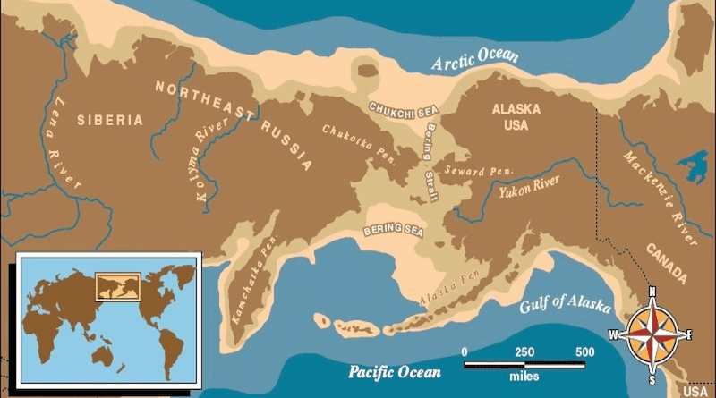 Map of eastern Russian and Alaska with a light brown border depicting Beringia and the Bering Land Bridge. Credit: National Park Service