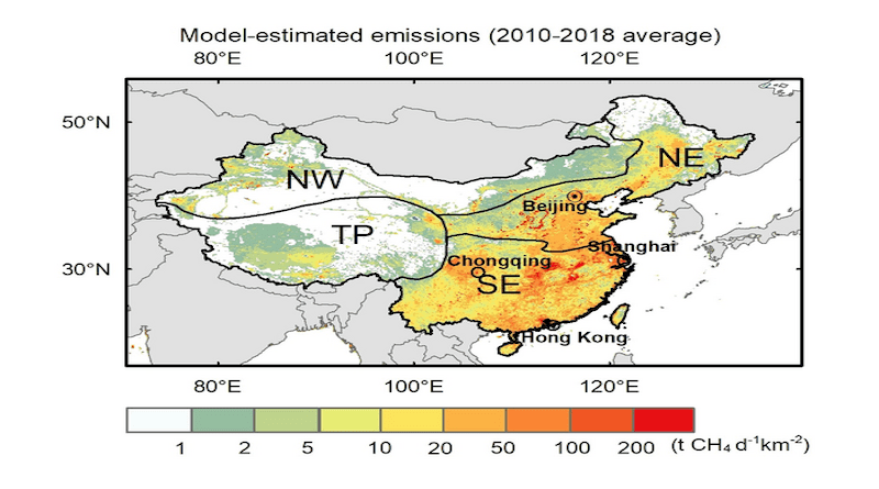 Emission estimates for 2010–2018 in China. The four regions analyzed include North China (NE), South China (SE), North-west China (NW), and the Qinghai-Tibetan Plateau (TP). CREDIT: National Institute for Environmental Studies