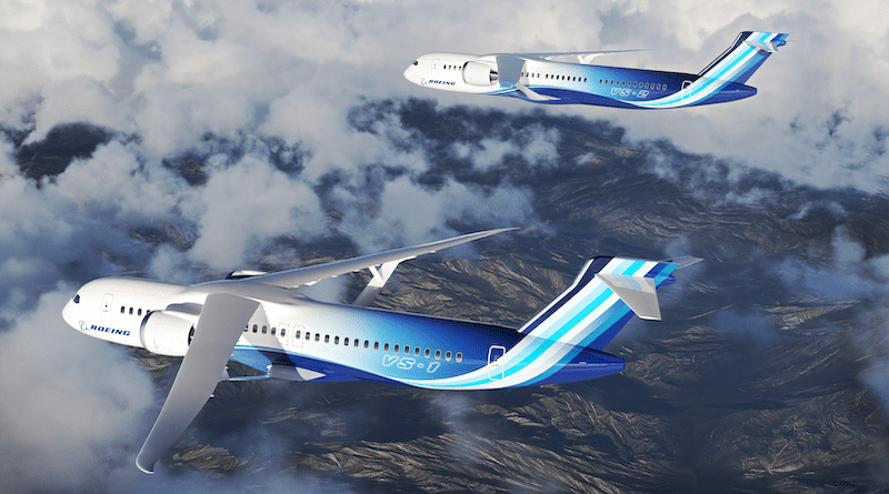 Artist concept of commercial aircraft families with a Transonic Truss-Braced Wing configuration from the Sustainable Flight Demonstrator project. Credits: Boeing