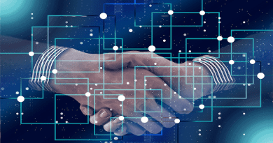 Blockchain People Shaking Hands Handshake Data Technology
