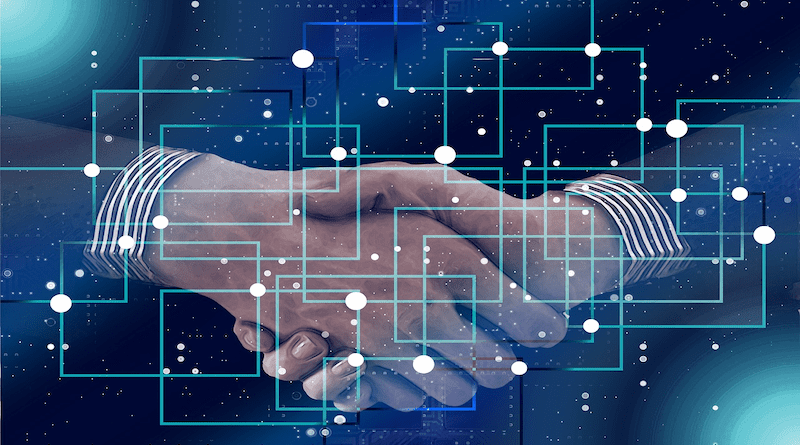 Blockchain People Shaking Hands Handshake Data Technology