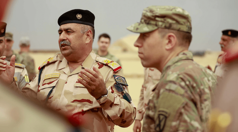 Iraq air defense Maj. Gen. Hammed speaks to Task Force Centaur during a key leader engagement advising in an Iraq-led air defense operational rehearsal exercise at Al Asad Air Base, Iraq, Oct. 30, 2022. Photo Credit: Army Sgt. Julio Hernandez