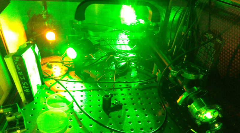 Shooting a green laser through a tube filled with a particular ionic liquid (right side of photo) can easily convert the green laser light to orange (upper left)—a long-sought color for medical applications. The method can be tailored for different color shifts by choosing different ionic liquids. CREDIT: Brookhaven National Laboratory
