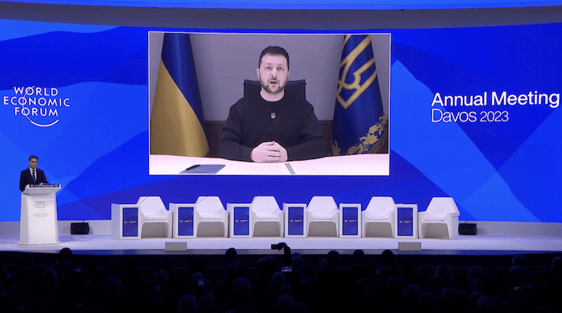 Volodymyr Zelenskyy, President of Ukraine, addresses Davos 2023. Photo Credit: World Economic Forum video screenshot