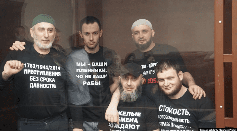 Five defendants from the widely criticized"25 Case" in court in Simferopol last year: Shaban Umerov (left), Raim Aivazov (second left), Riza Izetov (center), Farhod Bazarov (second from right), and Remzi Bekirov. Photo Credit: RFE/RL