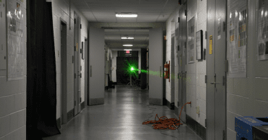 A laser is sent down a UMD hallway in an experiment to corral light as it makes a 45-meter journey. CREDIT: Intense Laser-Matter Interactions Lab, UMD