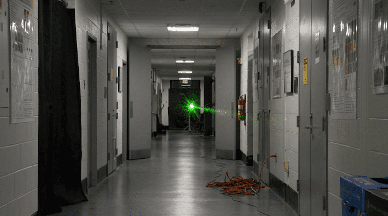 A laser is sent down a UMD hallway in an experiment to corral light as it makes a 45-meter journey. CREDIT: Intense Laser-Matter Interactions Lab, UMD