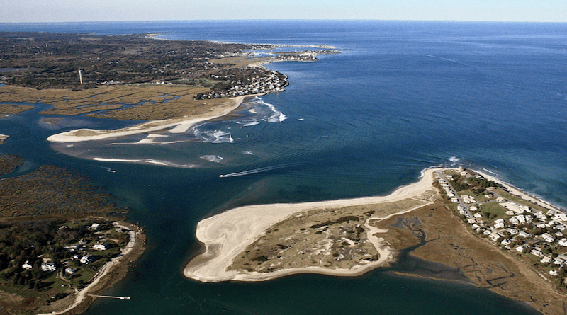 The meeting of the North and South Rivers (at left) and their shared inlet to the Atlantic Ocean, which formed in 1898. CREDIT: Bill Richardson
