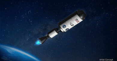 Artist concept of Demonstration for Rocket to Agile Cislunar Operations (DRACO) spacecraft, which will demonstrate a nuclear thermal rocket engine. Nuclear thermal propulsion technology could be used for future NASA crewed missions to Mars. Credits: DARPA