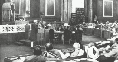Photographs of the constituent assembly taken on Dec.10, showing Jawaharlal Nehru addressing the House. Dr. Sachchidananda Sinha provisional Chairman in the presidential chair. On Jawaharlal Nehru’s left is Mr. H.V.R. Iyengar, Secretary, Constituent Assembly Sectt. Photo credit: Unknown author, Wikipedia Commons