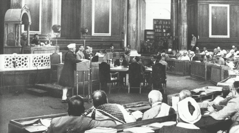 Photographs of the constituent assembly taken on Dec.10, showing Jawaharlal Nehru addressing the House. Dr. Sachchidananda Sinha provisional Chairman in the presidential chair. On Jawaharlal Nehru’s left is Mr. H.V.R. Iyengar, Secretary, Constituent Assembly Sectt. Photo credit: Unknown author, Wikipedia Commons