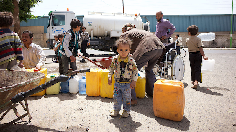 The shortage of water in Yemen is a crucial problem for Yemenis, and the lack of clean water can put the Yemeni children at risk of diverse diseases. Photo Credit: Julien Harneis, Wikipedia Commons