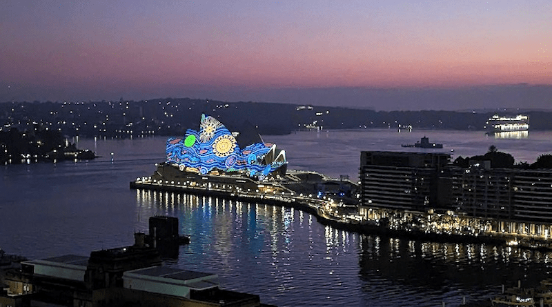 "Dawn Reflections" Indigenous art projected on the Sydney Opera House, to kick off Australia Day, 26 January 2023. CC BY-SA 4.0