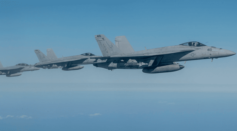 Navy F/A-18 Super Hornets fly within the U.S. Central Command area of responsibility during exercise Juniper Oak, Jan. 25, 2023. Photo Credit: Air Force Staff Sgt. Kirby Turbak