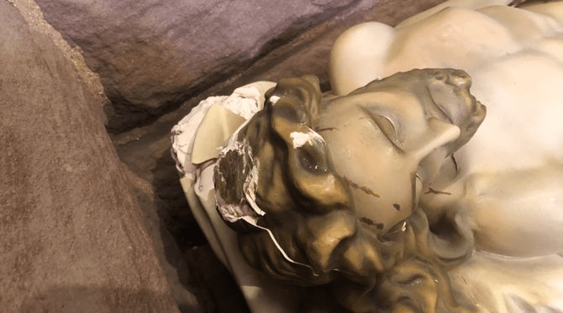 The statue, called “Christ in Death,” portrays Jesus’ corpse laying on a burial shroud with a crown of thorns laid alongside his lower legs. | Paul Braun/Diocese of Fargo