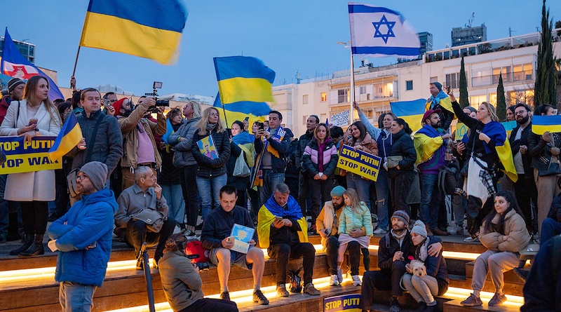 'Israel Stands With Ukraine' rally, Habima Square, Tel Aviv, March 2022. Photo Credit: Oren Rozen, Wikipedia