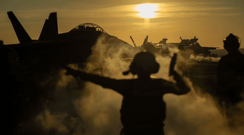 An F/A-18F Super Hornet taxis on the aircraft carrier USS Nimitz in South China Sea, Jan. 13, 2023. The U.S. 7th Fleet is the Navy's largest forward-deployed numbered fleet. Photo Credit: Navy Petty Officer 2nd Class Justin McTaggart