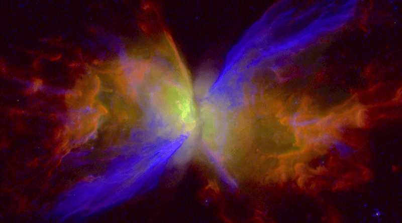 A color rendition of NGC 6302, the Butterfly Nebula, created from black-and-white exposures taken by the Hubble Space Telescope in 2019 and 2020. In the violet-colored regions, strong stellar winds are actively reshaping the nebular wings over the past 900 years. The other features range in age from 1200 to 2300 years. CREDIT Bruce Balick/University of Washington/Joel Kastner/Paula Baez Moraga/Rochester Institute of Technology/Space Telescope Science Institute