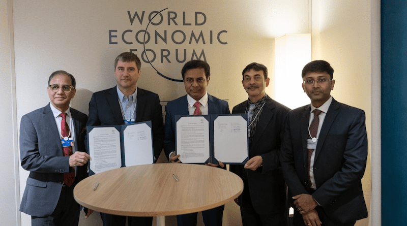 Telangana Government and World Economic Forum sign an MoU to set up a Centre for the Fourth Industrial Revolution (C4IR Telangana), India’s first centre thematically focused on healthcare and life sciences, in Hyderabad. Photo Credit: Minister for IT, Industries, MA & UD, Telangana