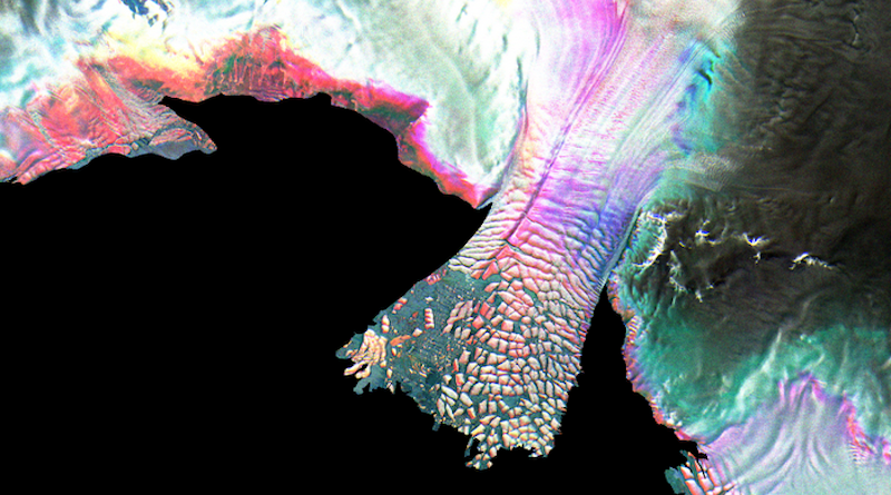 Sentinel-1 image composite depicting Land Glacier and its sea-ice encased ice tongue, West Antarctica CREDIT Copernicus EU/ESA, processed by Dr Frazer Christie, Scott Polar Research Institute, University of Cambridge.
