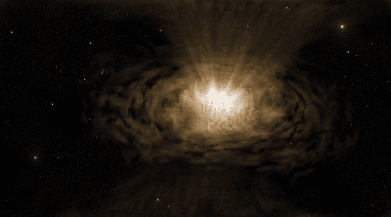 An artist’s impression of what the dust around an active galactic nucleus might look like seen from a light year away. CREDIT: Peter Z. Harrington