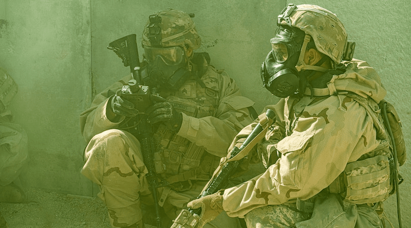 Soldiers assigned to Thunder Squadron, 3d Cavalry Regiment, respond to a chemical attack during Exercise Rifle Forge at the Fort Hood Training Area, Fort Hood, Texas. Photo Credit: Army Staff Sgt. Christopher Stewart