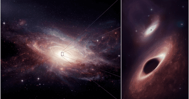 This artist’s conception shows a late-stage galaxy merger and its two newly-discovered central black holes. The binary black holes are the closest together ever observed in multiple wavelengths. CREDIT: ALMA (ESO/NAOJ/NRAO); M. Weiss, NRAO/AUI/NSF