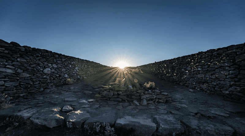 Rising sun viewed from the stone causeway of the solar observatory on Mount Tlaloc, Mexico. The view aligns with the rising sun on February 24, coinciding with the Mexica calendar's new year. CREDIT: Ben Meissner