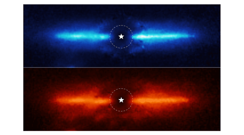 These two images are of the dusty debris disk around AU Mic, a red dwarf star located 32 light-years away in the southern constellation Microscopium. Scientists used Webb’s Near-Infrared Camera (NIRCam) to study AU Mic. NIRCam’s coronagraph, which blocked the intense light of the central star, allowed the team to study the region very close to the star. The location of the star, which is masked out, is marked by a white, graphical representation at the center of each image. The region blocked by the coronagraph is shown by a dashed circle. CREDIT Credits: NASA, ESA, CSA, and K. Lawson (Goddard Space Flight Center). Image processing: A. Pagan (STScI)