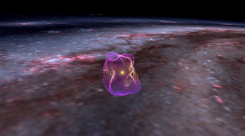 Astronomers have charted the magnetic field of the Local Bubble using data obtained by Planck and Gaia. Here, the short pink and purple vector lines on the surface of the bubble represent the orientation of the magnetic field discovered. The bubble sits within the Milky Way galaxy. CREDIT: Theo O'Neill / World Wide Telescope