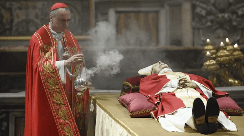 Cardinal Mauro Gambetti, the archpriest of St. Peter’s Basilica, presided over a brief ritual upon the arrival of Benedict XVI’s body in St. Peter's Basilica on Jan. 2, 2023, sprinkling the body with holy water and offering prayers for the repose of his soul. | Vatican Media