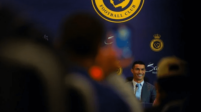 Cristiano Ronaldo at the Mrsool Park Stadium for his first press conference ahead of his unveiling as an Al-Nassr player. (AN Photo)