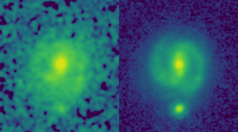 The power of JWST to map galaxies at high resolution and at longer infrared wavelengths than Hubble allows it look through dust and unveil the underlying structure and mass of distant galaxies. This can be seen in these two images of the galaxy EGS23205, seen as it was about 11 billion years ago. In the HST image (left, taken in the near-infrared filter), the galaxy is little more than a disk-shaped smudge obscured by dust and impacted by the glare of young stars, but in the corresponding JWST mid-infrared image (taken this past summer), it’s a beautiful spiral galaxy with a clear stellar bar. CREDIT: NASA/CEERS/University of Texas at Austin