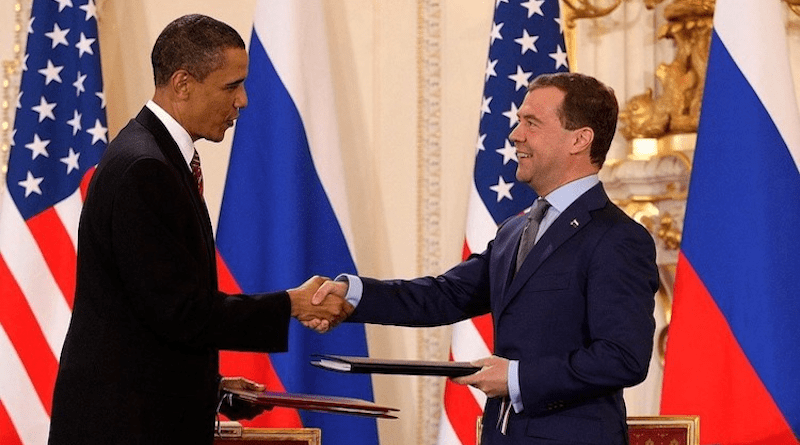 US President Barack Obama and his Russian counterpart Dmitry Medvedev after signing in Prague the "New START" arms control agreement. Photo Credit: Kremlin.ru