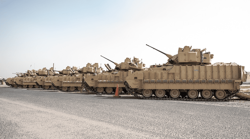 U.S. soldiers of the 1st battalion, 163rd Infantry inspect Bradley M2A3 Fighting Vehicles at Ali Al Salem Air Base, Kuwait, Jan. 27, 2022. Photo Credit: Air Force Staff Sgt. Chloe Ochs