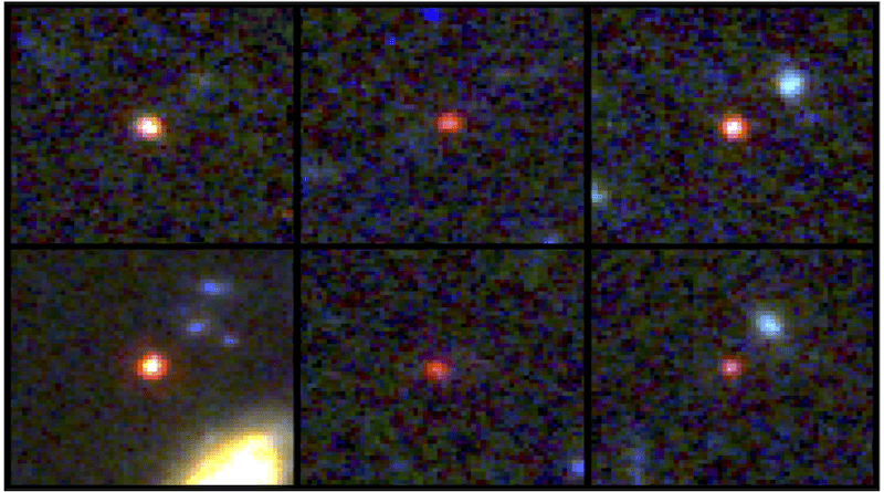 Images of six candidate massive galaxies, seen 500-800 million years after the Big Bang. One of the sources (bottom left) could contain as many stars as our present-day Milky Way, but is 30 times more compact. CREDIT NASA, ESA, CSA, I. Labbe (Swinburne University of Technology). Image processing: G. Brammer (Niels Bohr Institute’s Cosmic Dawn Center at the University of Copenhagen)