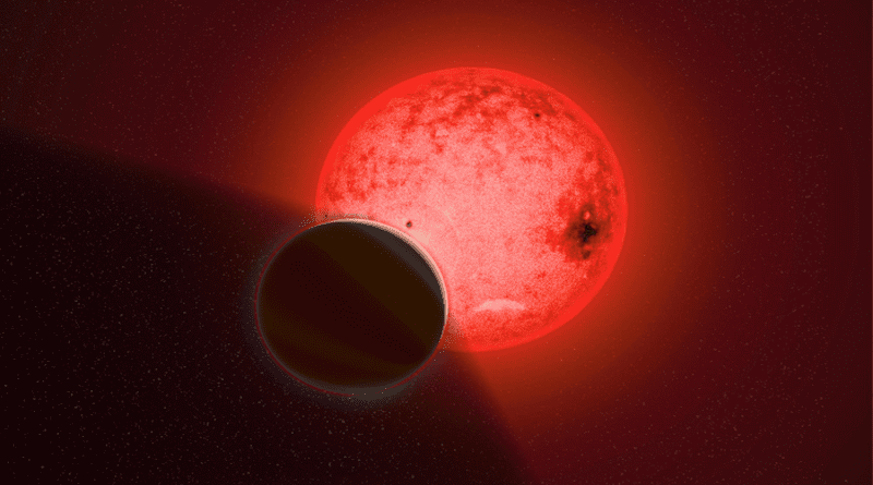 Artist's conception of a large gas giant planet orbiting a small red dwarf star called TOI-5205. CREDIT: Image by Katherine Cain, courtesy of the Carnegie Institution for Science.