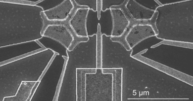 A scanning electron microscope image of a "two-island" device similar to the one used in the experiment, which researchers hope will pave the way toward a quantum simulator. CREDIT: Winston Pouse/Stanford University
