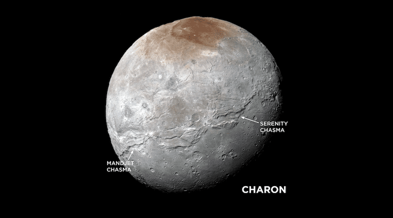 An SwRI scientist has revisited New Horizons data to explore the source of cryovolcanic flows and an obvious belt of fractures on Pluto’s large moon Charon. These new models suggest that when the moon’s internal ocean froze, it may have formed the deep, elongated depressions along its girth but was less likely to lead to cryovolcanos erupting with ice, water and other materials in its northern hemisphere. If Charon’s ice shell had been thin enough support cryovolcanism, it would imply substantially more ocean freezing than is indicated by the canyons, Serenity and Mandjet chasmata. CREDIT NASA/Johns Hopkins University Applied Physics Laboratory/Southwest Research Institute