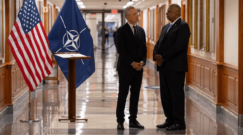 NATO Secretary General Jens Stoltenberg with Secretary of Defense Lloyd J. Austin III. Photo Credit: Air Force Tech. Sgt. Jack Sanders, DOD